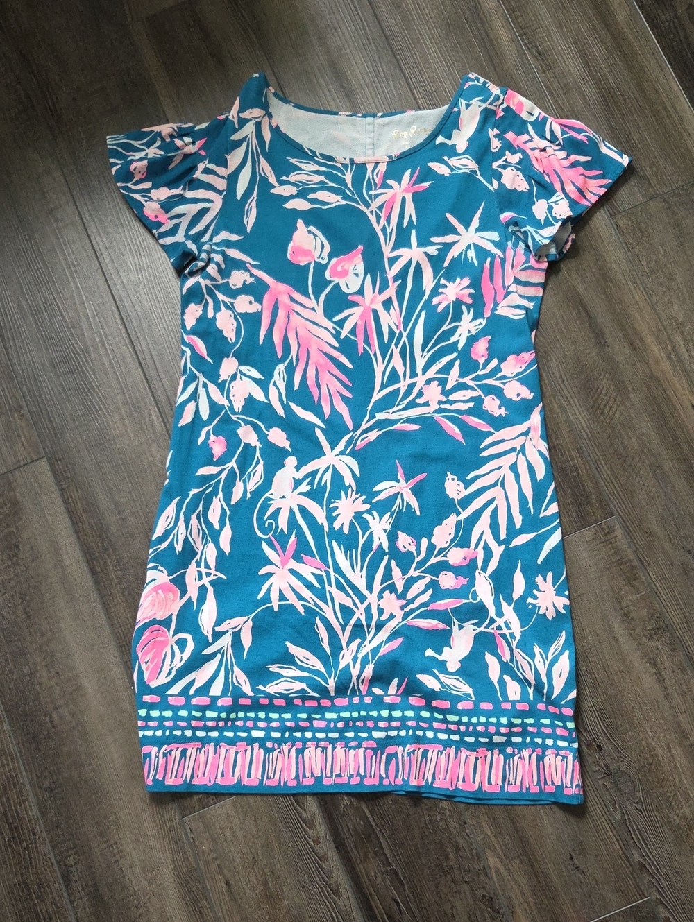 Lilly Pulitzer Teal Floral Shift Dress with Pink Accents